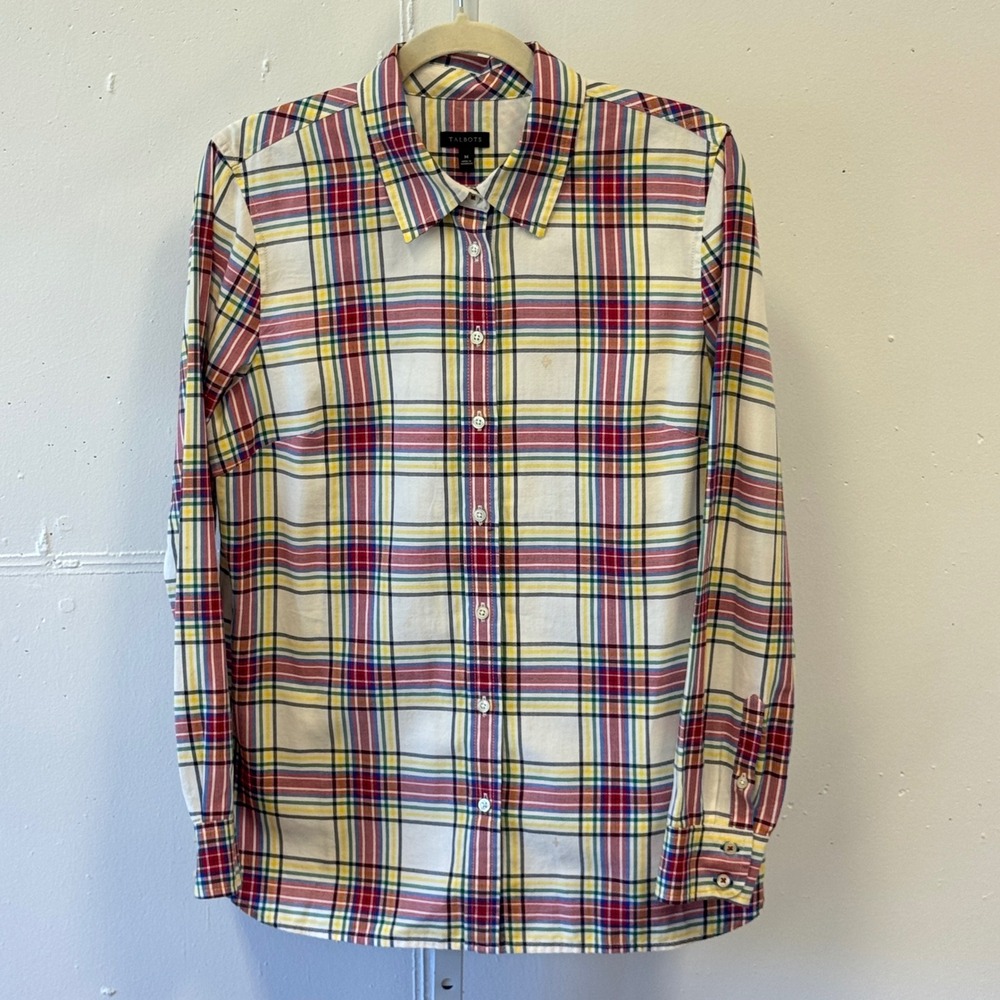 Talbots Womens Medium Multi Color Plaid Button Down Shirt 100% Cotton LS